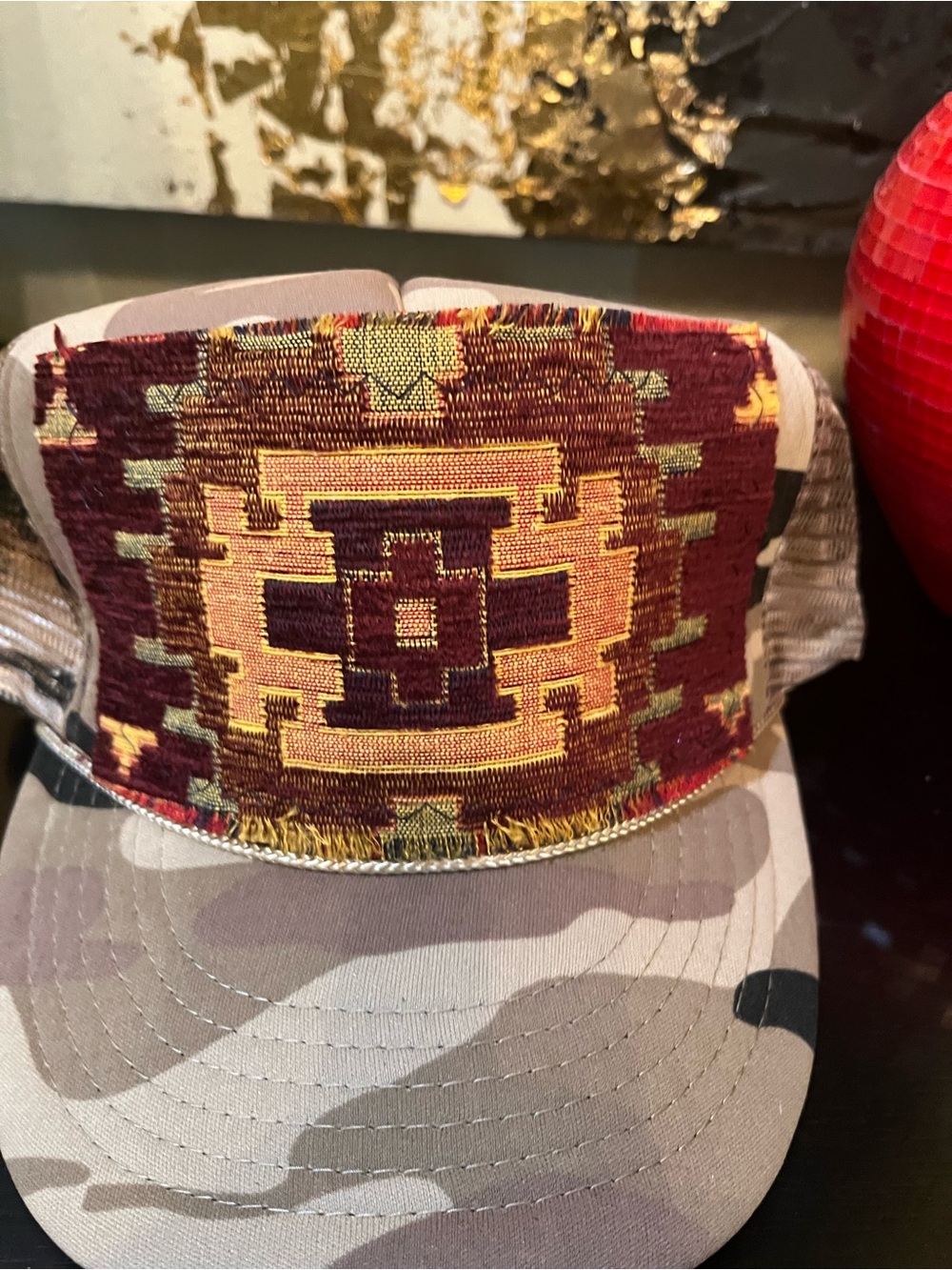 Boho Woven Patch Camo Trucker Hat - Burgundy, Gold, Olive
